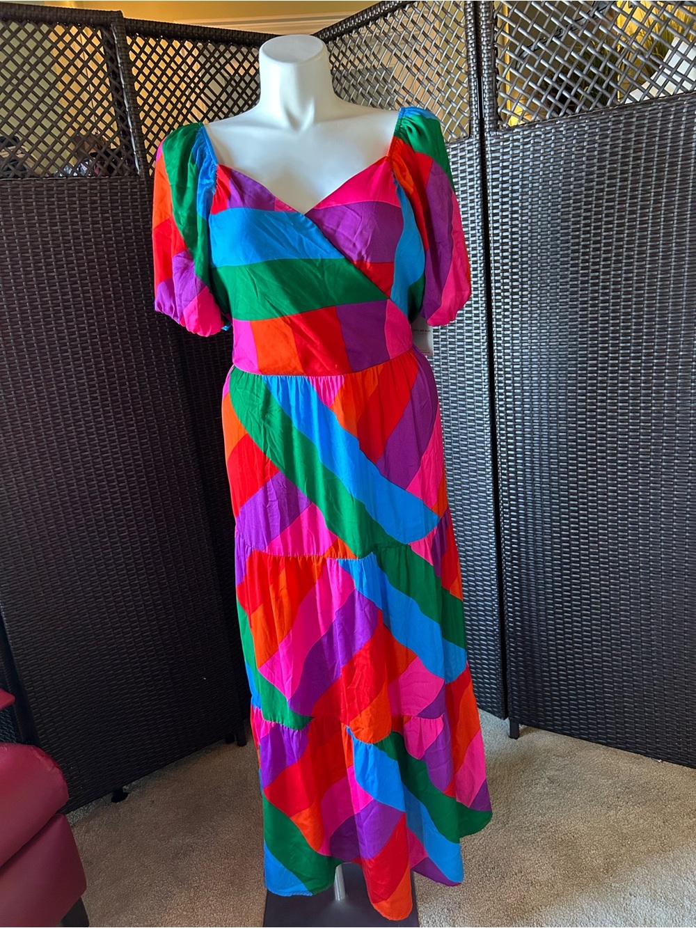 Skies Are Blue Multicolor Diagonal Stripe Puff-Sleeve Maxi Dress NWT Size 1X